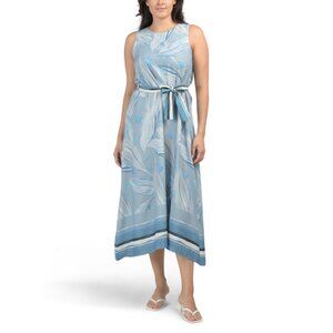 LA RAGAZZE Italy Linen Blend Round Neck Maxi Dress With Border Print